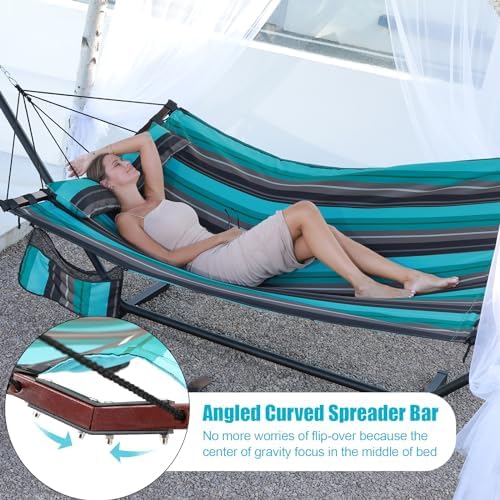 12FT 2 Person Hammock with V Shaped Spreader Bar -Teal Stripes - Image 3