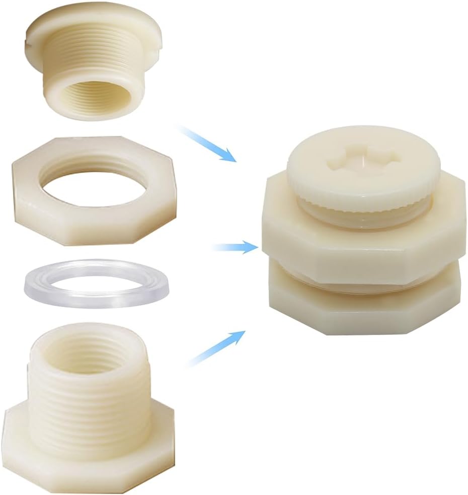 1" Female ABS Bulkhead Fitting, Plastic Water Tank Connector Adapter Fitting with Plugs for Outdoor rain Barrel Garden Hose Adapter Spigot kit Water Tank Gallon Drain Bucket(Set of 2)