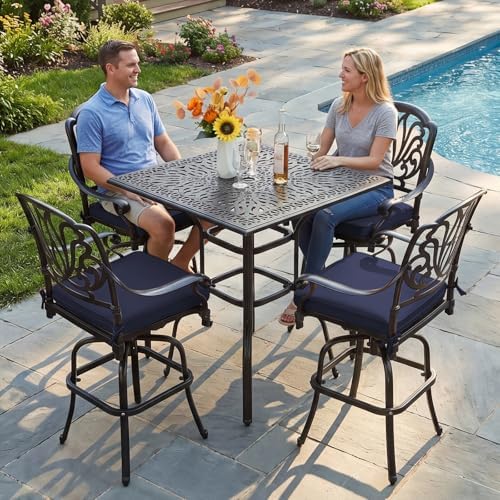 5-Piece Patio Swivel Bar Set, All-Weather Cast Aluminum Outdoor High Bar Stool - Image 2