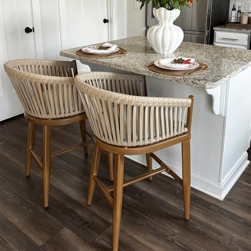 PURPLE LEAF Outdoor Patio Counter Stool Set of 2 Woven Rattan Teak Aluminum by PURPLELEAF