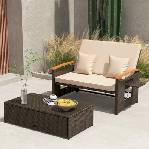 Tangkula Patio Rattan Daybed, Outdoor Wicker Loveseat, Mix Brown & Beige - Image 3