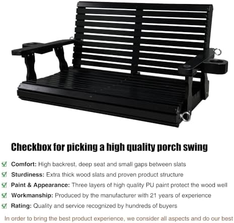 Fortune Candy Wooden Porch Swing, Iron Black, 4 FT Extra Large - Image 5