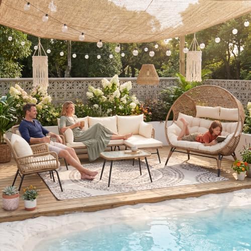 6 Piece Boho Patio Furniture Set, 500lbs Heavy Duty Wicker Outdoor Sectional - Image 3