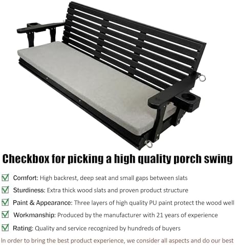 Fortune Candy Wooden Porch Swing 3-Seater, Iron Black, 5.5 FT Extra Large - Image 3