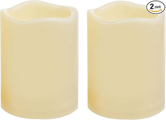 2 Waterproof Outdoor Battery Operated Flameless LED Pillar Candles with Timer Flickering Plastic Resin Electric Decorative Light for Lantern Patio Garden Home Decor Party Wedding Deco 3x4 Inch