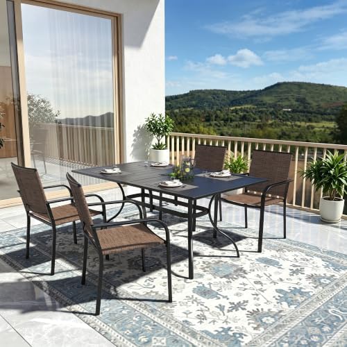 Patio Dining Set of 5 with Brown Tan Stackable Chairs by Anmutig