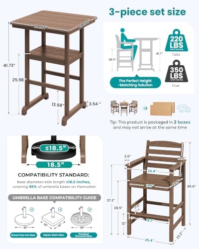 SERWALL 3 Pcs HDPE Bar Height Chairs and Double Layer Pub Table Set - Image 6