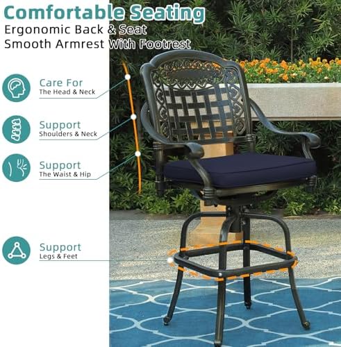 Outdoor Swivel Bar Stools Set of 2, All-Weather Cast Aluminum Bar Height Bistro - Image 5