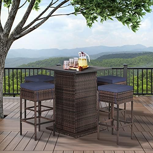 HAPPYGRILL 5 Piece Rattan Bar Set Outdoor Wicker Bar Table and 4 Bar Stools - Image 3