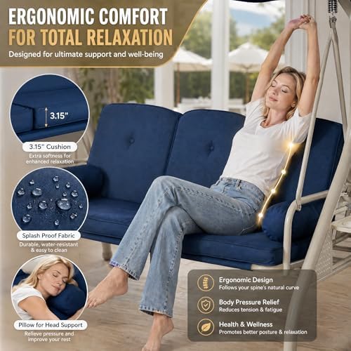 Patio Swings with Canopy, Modern Porch Swing with Stand, 3 Person Outdoor Swing - Image 4