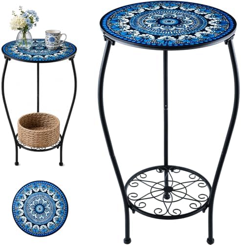1 Pack 13 Inches Metal Round Side Table Two-tiered Small Black Outside End Table by PartyZealot