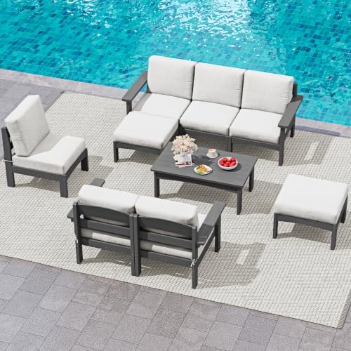 SERWALL 9 Pieces Patio Sofas, HDPE Outdoor Sectional Sofa Couch Set by SERWALL