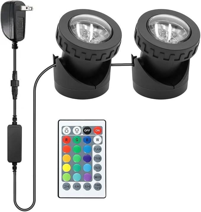 Pond Lights with Timer, Colored Fountain Lights IP68 Waterproof Pond Light, Underwater LED Dimmable Outdoor Lights for Fish Tank Pond Fountain Garden Landscape, 2 Lights