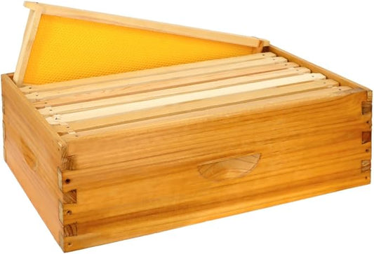 8 Frame Bee Hive Box, Langstroth Medium Super Bee Box Dipped in 100% Beeswax Include Beehive Frames and Waxed Foundation Sheets (Unassembled)