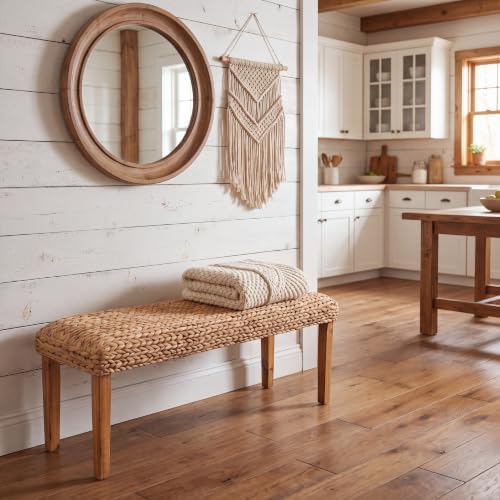 Solid Wood Acacia Indoor Bench, 47 Inch Water Hyacinth Seat, Fishbone Style - Image 6