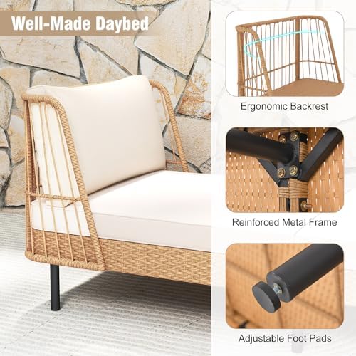Tangkula Patio Rattan Daybed, 2 Pack Wicker Lounge Sofa, Natural-Off White - Image 6