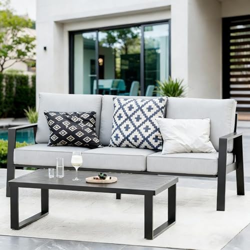 Outdoor Couch 3-Seat All-Weather Metal Outdoor Sofa Wite Outdoor Coffee Table by Makeyourlifebetter