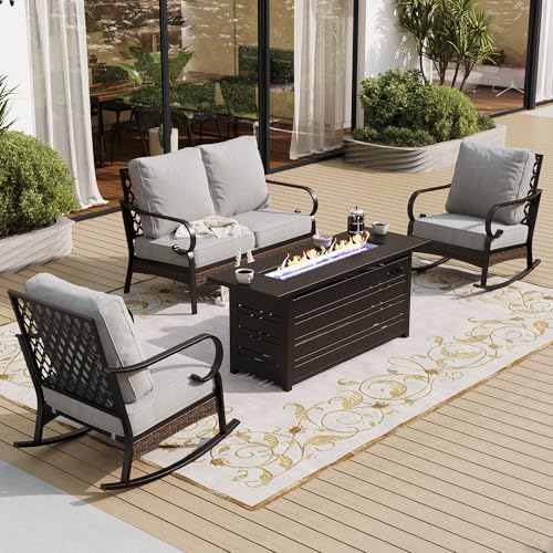 Metal Patio Furniture Set with Fire Pit Table, 4 Seat, Light Grey by SUNSHINEVALLEY