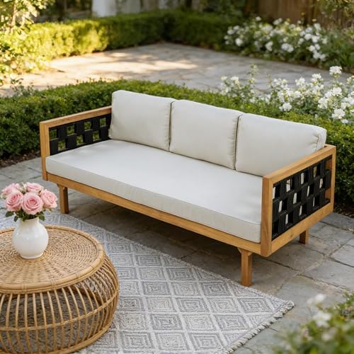 Merax Outdoor 3 Seater Daybed, Acacia Wood Patio Day Bed Couch Sofa - Image 3