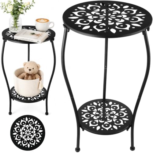 1 Pack 2-tiered 13 Inch Metal Round Side Table Black Outside End Table by PartyZealot