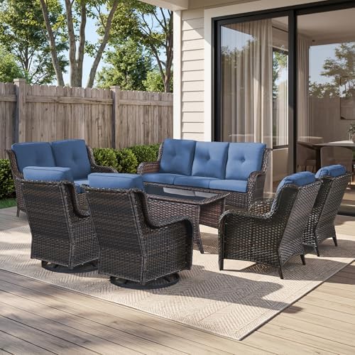 7 Piece Wicker Patio Furniture Set, Outdoor Swivel Rocker Chairs Set of 2 by Belord