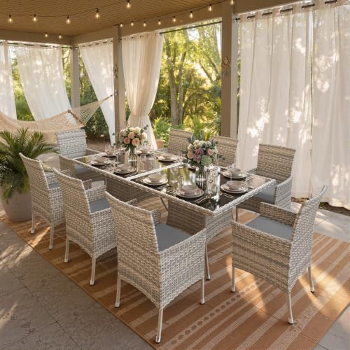 10-Piece Patio Dining Set, 2 Tempered Glass Tables & 8 Wicker Chairs by MuphyersPatioFurniture