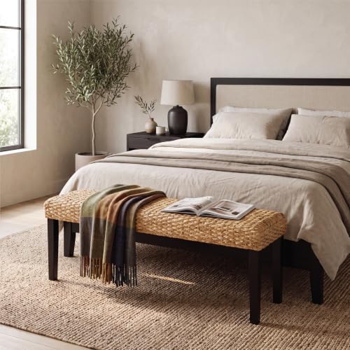 Solid Wood Acacia Indoor Bench, Water Hyacinth Seat, Plait Style - Image 5