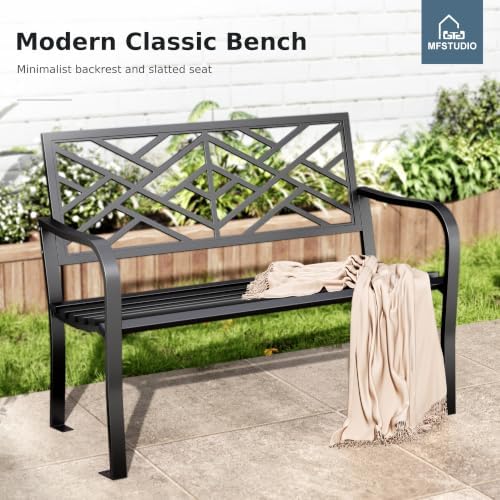 MFSTUDIO 43.7” Cast Iron Outdoor Garden Bench, Geometric Backrest - Image 3