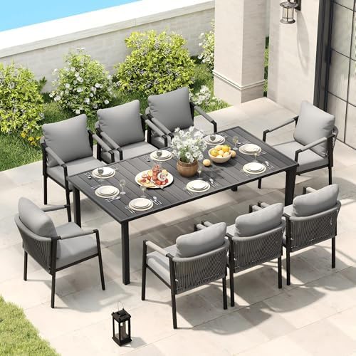 Patio Dining Set, 9-Piece Woven Rope Rattan Dining Table and Chairs Set by HAPPATIO
