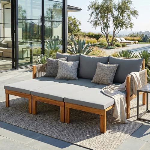 Outdoor Daybed Sofa Bed 3-Seater Acacia Wood Patio Sleeper by Hlcodca