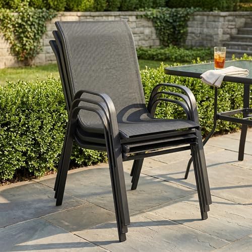 VICLLAX Patio Dining Set, 4 Black Stackable Chair & 40.6" Metal Walnut Table - Image 3