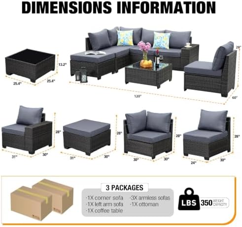 7 Pieces Patio Furniture Set All-Weather Outdoor Wicker Sectional Conversation - Image 2