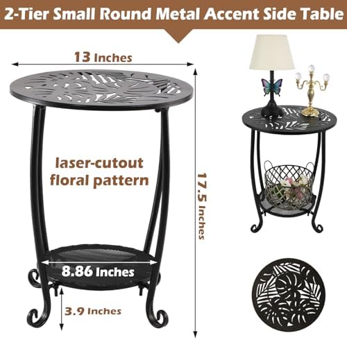 2-Tier Metal Round Side Table Set of Two Black Accent Coffee Tables Small Space - Image 3