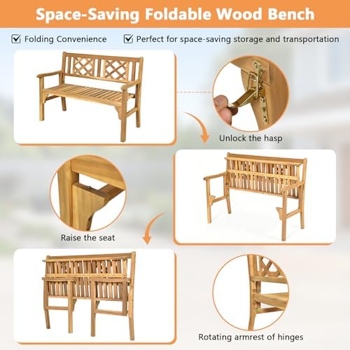 Tangkula Folding Outdoor Wood Garden Bench, Foldable Acacia Wood Patio Bench - Image 6