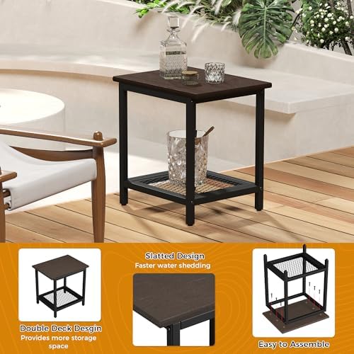 2-Tier Outdoor Side Table with Storage, Weather Resistant Patio End Table - Image 4