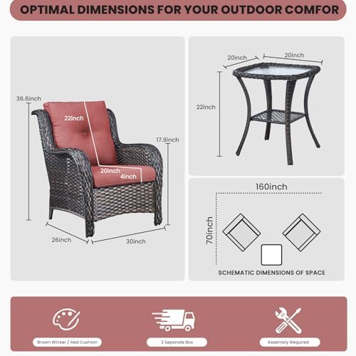 Outdoor Furniture Set Patio Wicker Chairs, 3 Peices Porch Rattan Furniture - Image 3