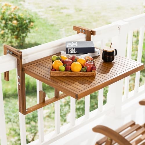 FSC Acacia Wood Folding Railing Bar Table, Adjustable, 27.56" × 23.44" by Idzo