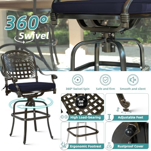 Outdoor Swivel Bar Stools Set of 2, All-Weather Cast Aluminum Bar Height Bistro - Image 4