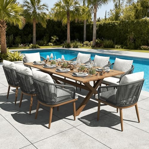 9 Pieces Outdoor Patio Dining Set, Aluminium Rectangular Dining Table and by LayinSun
