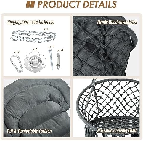 Hammock Chair with Cushion, Handmade Macrame Swing Chair with Hanging Hardware - Image 4
