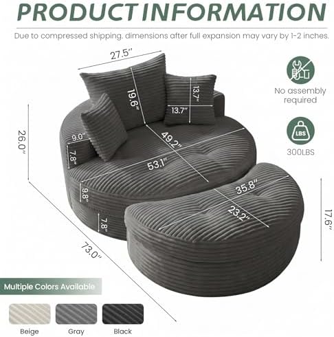 Oversized Round Chaise Lounge Chair, Deep Seat Cloud Boneless Floor Sofa Couch - Image 2