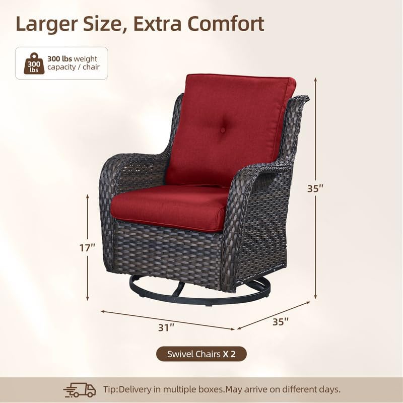 2 Pieces Outdoor Wicker Swivel Rocker Patio Chairs Set of 2, Cushions Red - Image 2