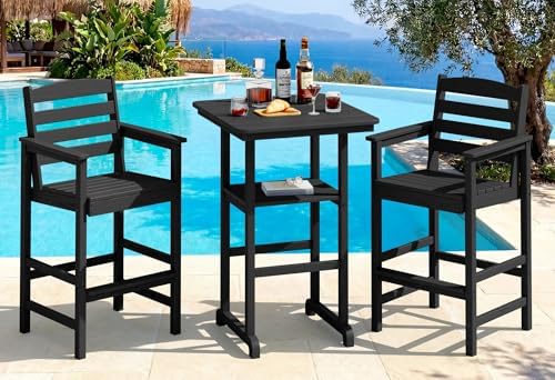 SERWALL 3 Pcs HDPE Bar Height Chairs and Double Layer Pub Table Set by SERWALL
