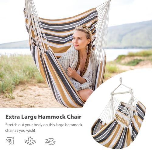 Hammock Chair Swing with Steel Support Bar, Coffee Stripes - Image 3