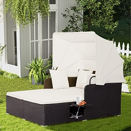 Moccha Outdoor Daybed with Retractable Canopy, Wicker Cabana with 2 Side Tables - Image 4