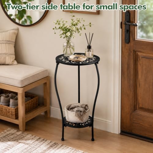 1 Pack 2-tiered 13 Inch Metal Round Side Table Black Outside End Table - Image 5