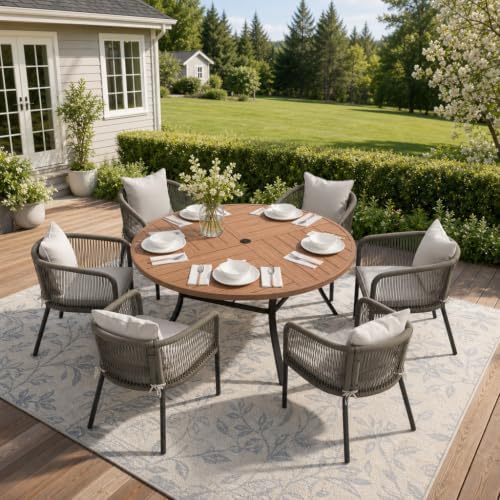 Patio Dining Set, 53.1" Round Table & Wheat Cushioned Wicker Chairs by ProvideOutdoorSolutions