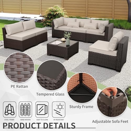 Outdoor Patio Furniture Set 7 Pieces Wicker Sectional Sofa Brown Rattan - Image 4
