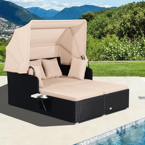 Moccha Outdoor Daybed with Retractable Canopy, Wicker Cabana with 2 Side Tables - Image 2