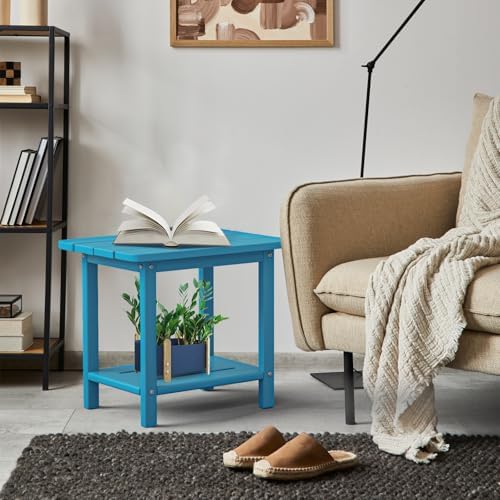 2-Tier Outdoor Side Table, HDPE Patio End Table, Light Blue - Image 5